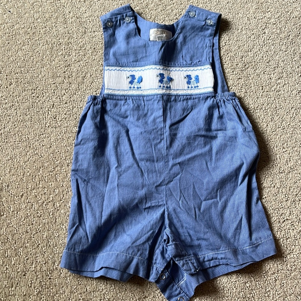 Sir John by Rosalina 18 months blue check romper, button shoulders & snap crotch